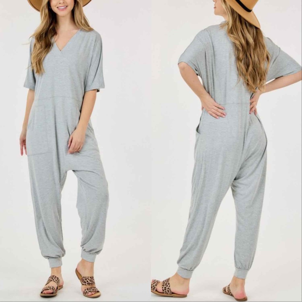 WOMEN'S COMFY V NECK SHORT SLEEVE JUMPSUIT - BLACK - Picture 5 of 5